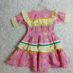 Girls Pink Floral Ruffle Dress Yellow Trim Short Sleeve Toddler Size 3T